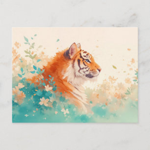 Majestätisk Orange Tiger i Mjuk Teal Trädgård Vykort