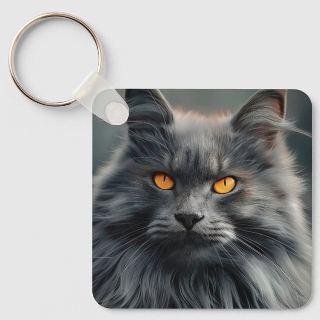 Majestätisk porträttdesign av långhårig katt nyckelring (Framsida)
