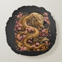 Majestätisk rund kudde med gyllene drak och Sakura