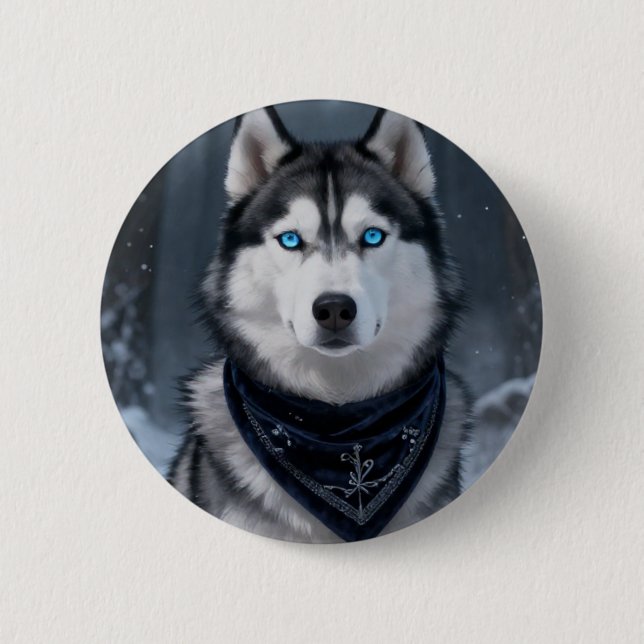 Majestätisk Siberian Husky Blå Ögon Vinter Snö Til Knapp (Framsida)