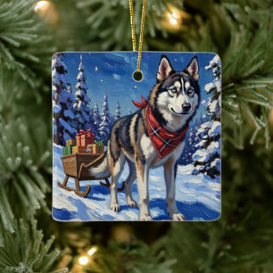 Majestätisk sibirisk husky som drar julsläde julgransprydnad keramik