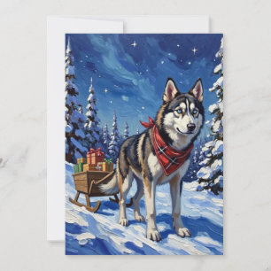 Majestätisk sibirisk husky som drar julsläde julkort