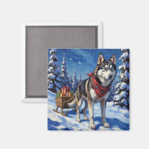 Majestätisk sibirisk husky som drar julsläde magnet