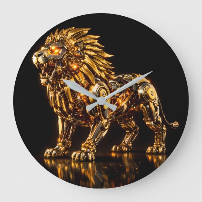 Majestätisk Steampunk Guld Lejon Väggur (Framsida)