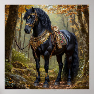 Majestätisk svart häst i kungliga guldförgyllninga poster