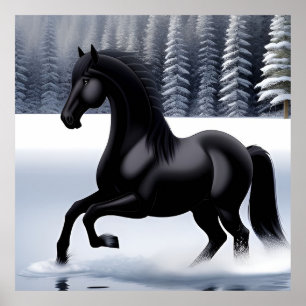 Majestätisk svart häst som skrittar på en snöig yt poster