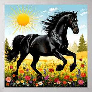 Majestätisk svart häst springer poster