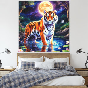 Majestätisk tiger i en månljust fantasilandskap canvastryck