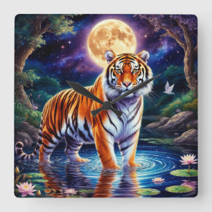 Majestätisk tiger i en månljust fantasilandskap fyrkantig klocka