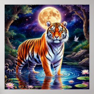 Majestätisk tiger i en månljust fantasilandskap poster