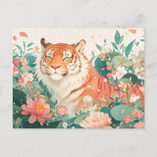 Majestätisk tiger i frodig blomsterträdgård vykort