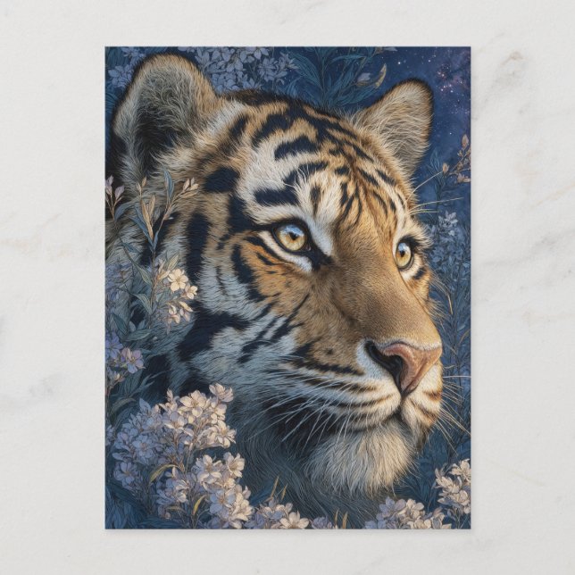 Majestätisk Tiger i Nattlig Blomsterträdgård Vykort (Framsida)