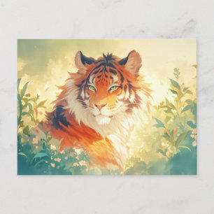 Majestätisk tiger i soldränkt blomsterträdgård vykort