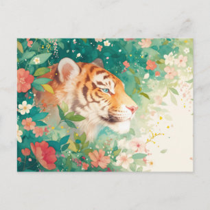 Majestätisk Tiger Skjult i Frodig Blomsterträdgård Vykort
