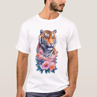 Majestätisk tigerporträtt med rosa peonior t shirt