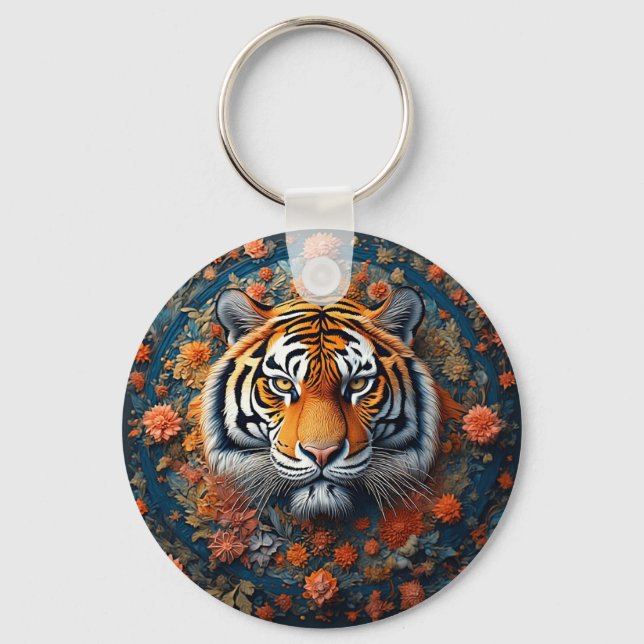Majestätisk tigerporträtt omgiven av blommor nyckelring (Framsida)