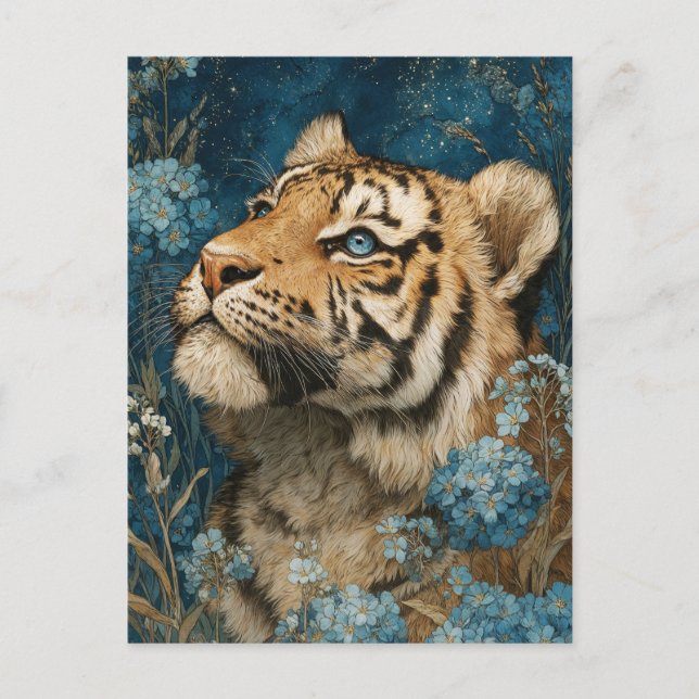 Majestätisk tigerunge i blå blomsterträdgård vykort (Framsida)