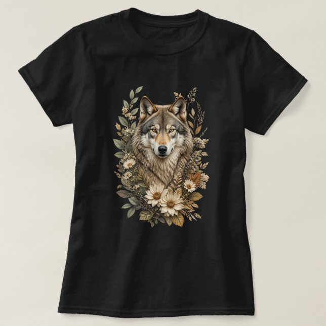 Majestätisk Varg Blommig Natur T-Shirt (Design framsida)