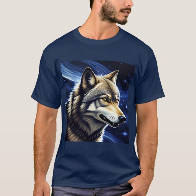 Majestätisk Varg Under Stjärnhimmel T Shirt (Framsida)