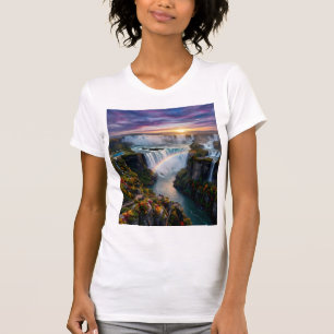 Majestätisk vattenfall och strålande regnbåge Kvin T Shirt