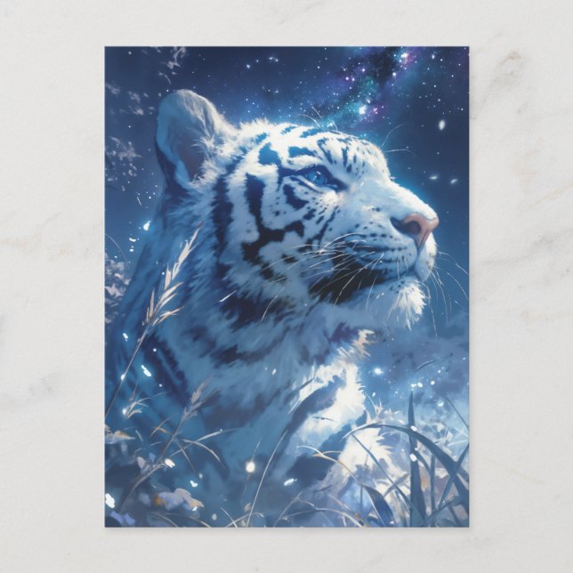 Majestätisk vit tiger under stjärnklar natthimmel vykort (Framsida)