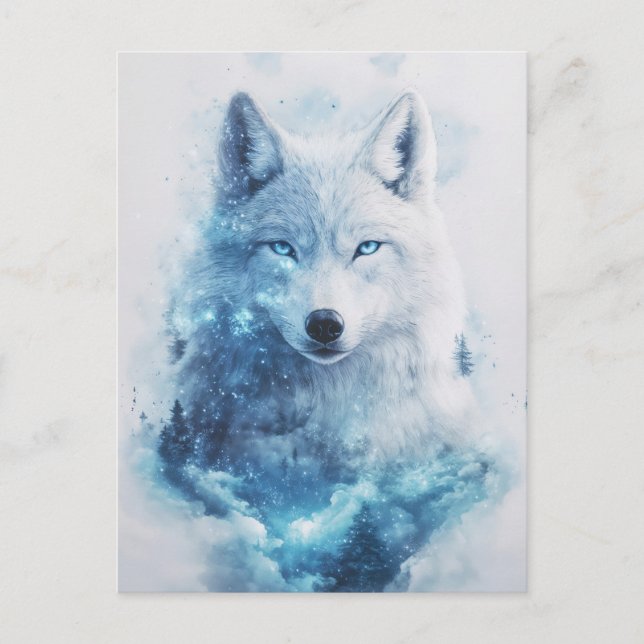 Majestätisk vit varg i isblå nebulosa vykort (Framsida)