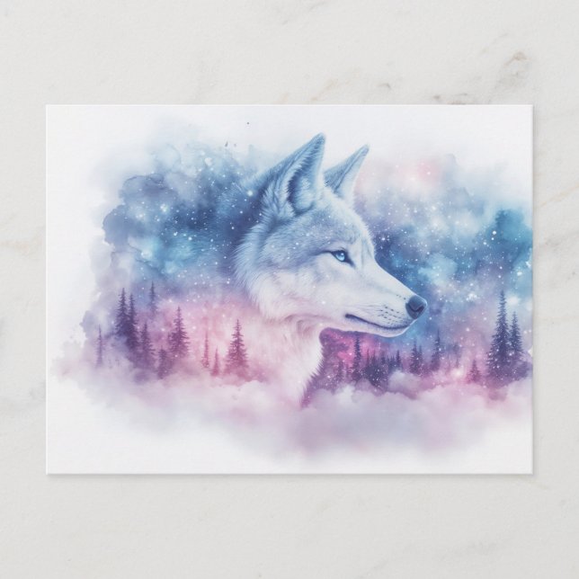 Majestätisk vit varg i lila nebulosa vykort (Framsida)