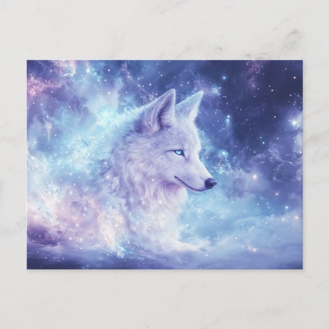 Majestätisk vit varg i lila nebulosa vykort (Framsida)