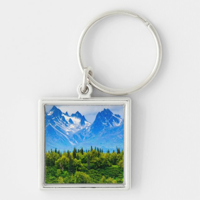 Majestätiska Alaska berg Fyrkantig Silverfärgad Nyckelring (Framsidan)