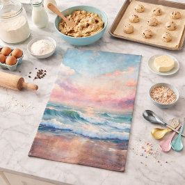 Majestätiska havssolnedgångsvågor akvarell kustlin kökshandduk