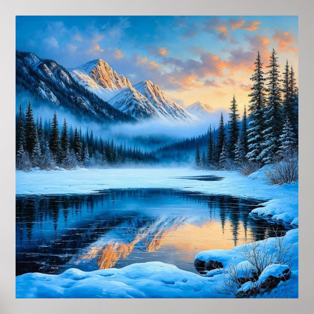 Majestätiska snötäckta berg reflekterar poster (Framsidan)