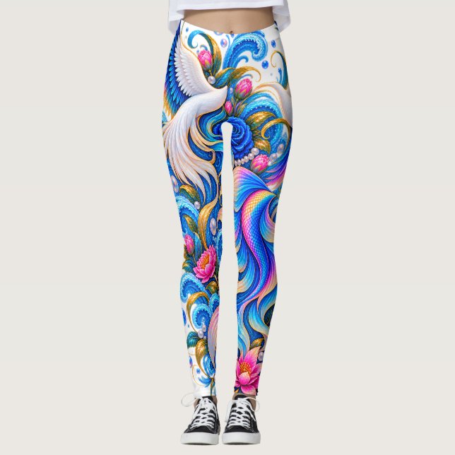 Majestätiska Svan & Lotus Konst Leggings (Framsida)