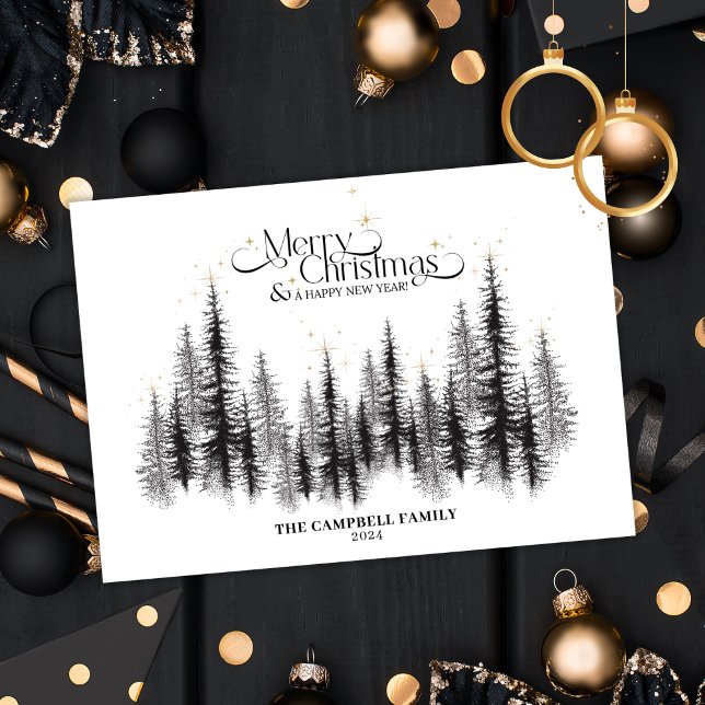 Majestätiska Träd Julkort Inbjudningar (Majestic trees crowned with shimmering gold stars makes this the perfect Christmas card this holiday)