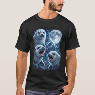 Majestätiska Tre Baby Säl Måne Blixt Ocean T Shirt