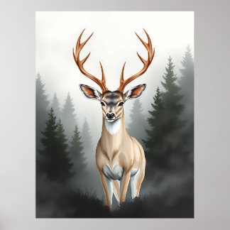 Majestätiskt hjort i dimmig skog – Lugn vilda djur Poster