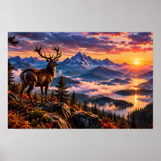 Majestätiskt hjort som står på ett berg vid solned poster