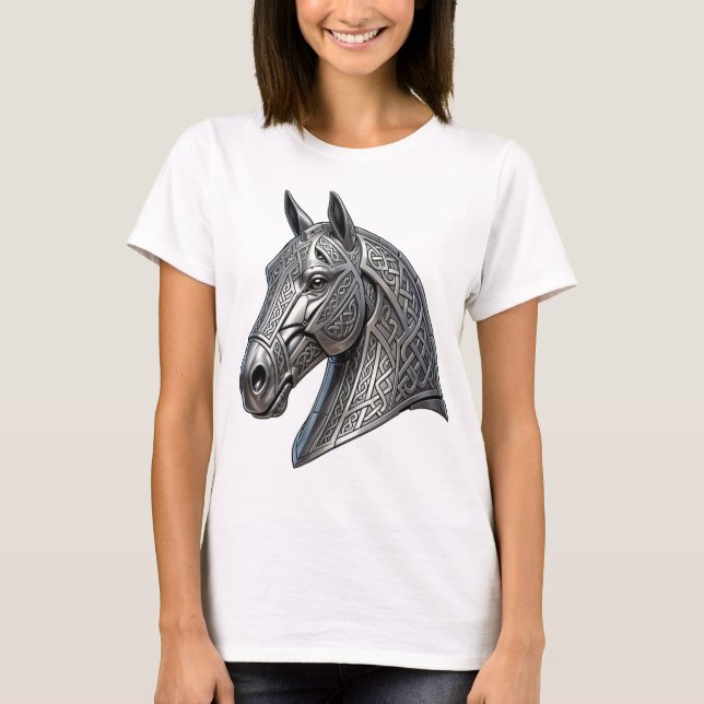 Majestätiskt keltiskt silverhästhuvud med knutmöns t shirt (Framsida)