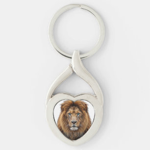 Majestätiskt Lejonansikte med Blå Ögon Wildlife Twisted Heart Silverfärgad Nyckelring