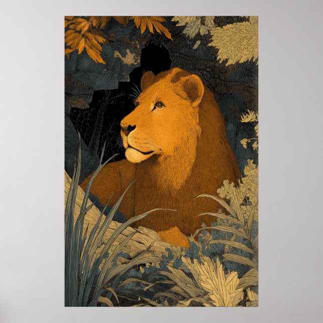 Majestätiskt Leo Art Print Uppställd Lejon med Blå Poster (Framsidan)