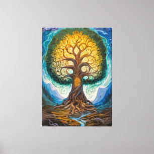 Majestätiskt lysande Yggdrasil-träd fantasykonst Canvastryck