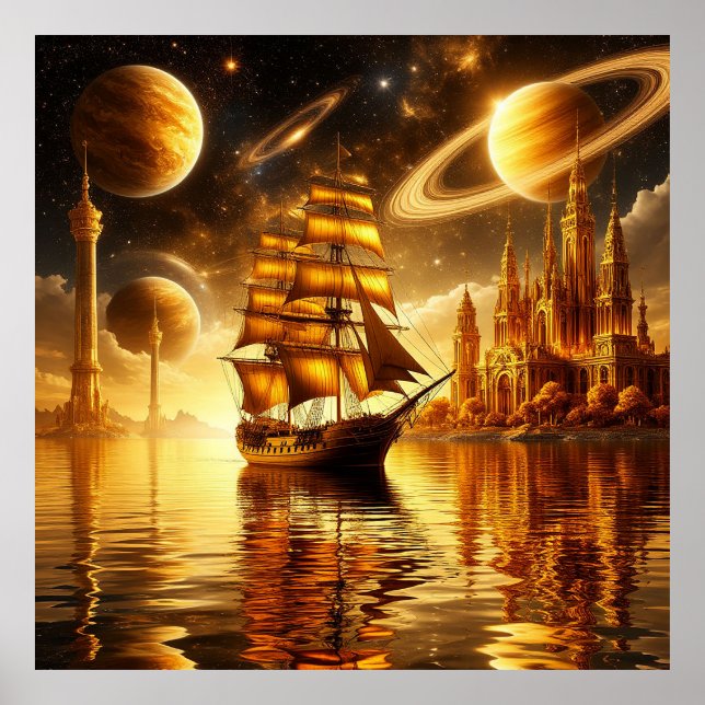 Majestätiskt segelfartyg under gyllene himmel poster (Framsidan)