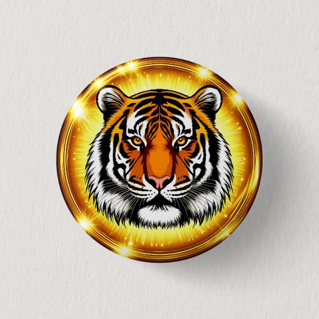 Majestätiskt Tigerhuvud Med Lysande Gyllene Ljus Knapp (Framsida)