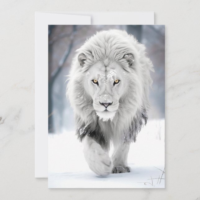 Majestätiskt Vitt Lejon i Vinterlandskapsdesign Kort (Framsida)
