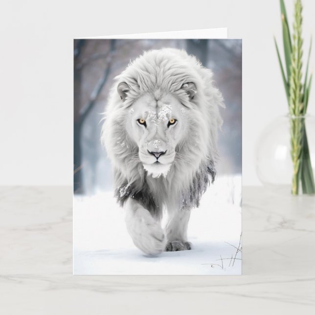 Majestätiskt Vitt Lejon i Vinterlandskapsdesign Kort (Framsida)