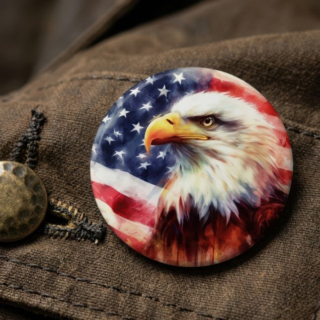 Majestätlig porträtt av havsörn med amerikansk fla knapp (Majestic Bald Eagle Portrait with American Flag. Button)