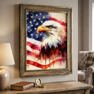 Majestätlig Porträtt Av Kalahök Med Amerikansk Fla Fototryck