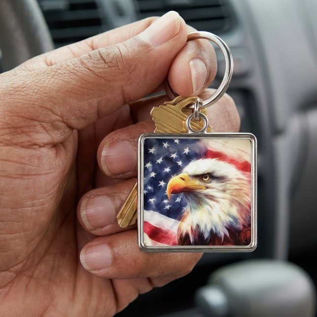 Majestätlig Porträtt av Vitörnad Havsörn med Ameri Fyrkantig Silverfärgad Nyckelring (Majestic Bald Eagle Portrait with American Flag. Keychain)