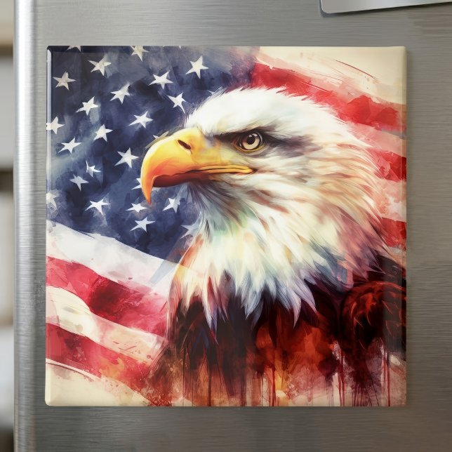 Majestätlig Porträtt av Vitörnad Havsörn med Ameri Magnet (Majestic Bald Eagle Portrait with American Flag. Magnet)