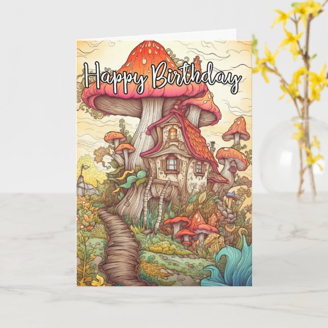 Majestic Abstrakt Mushroom Village Art Kort (Gul blomma)