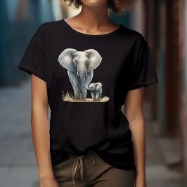 Majestic African Elephant and Baby in Watercolor T Shirt
